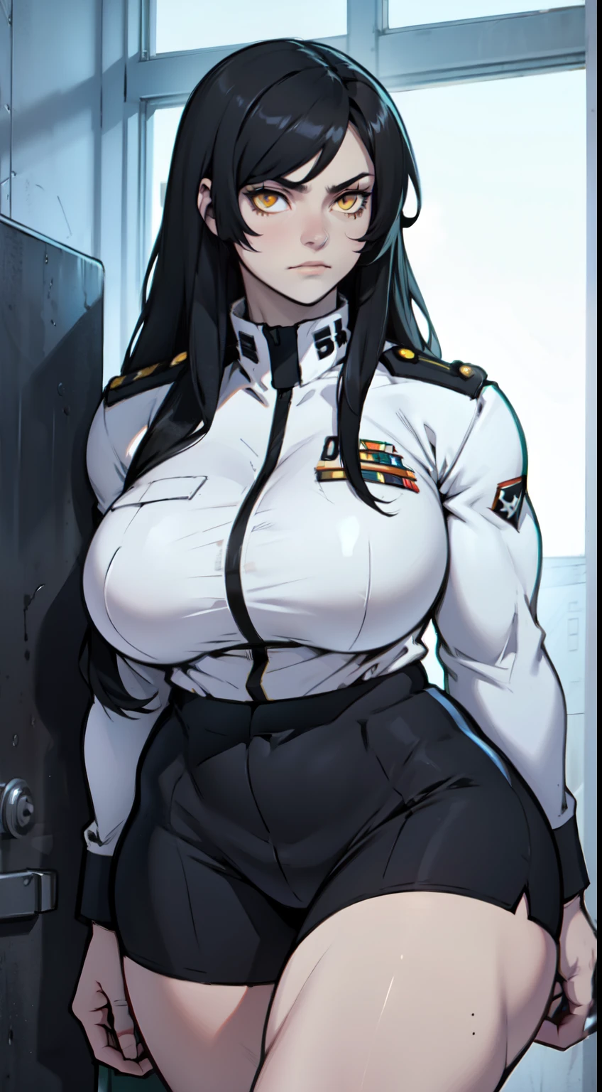 girl breasts huge muscles huge thighs solo girl black hair extremely long hair pale skin expressionless yellow eyes uniform
