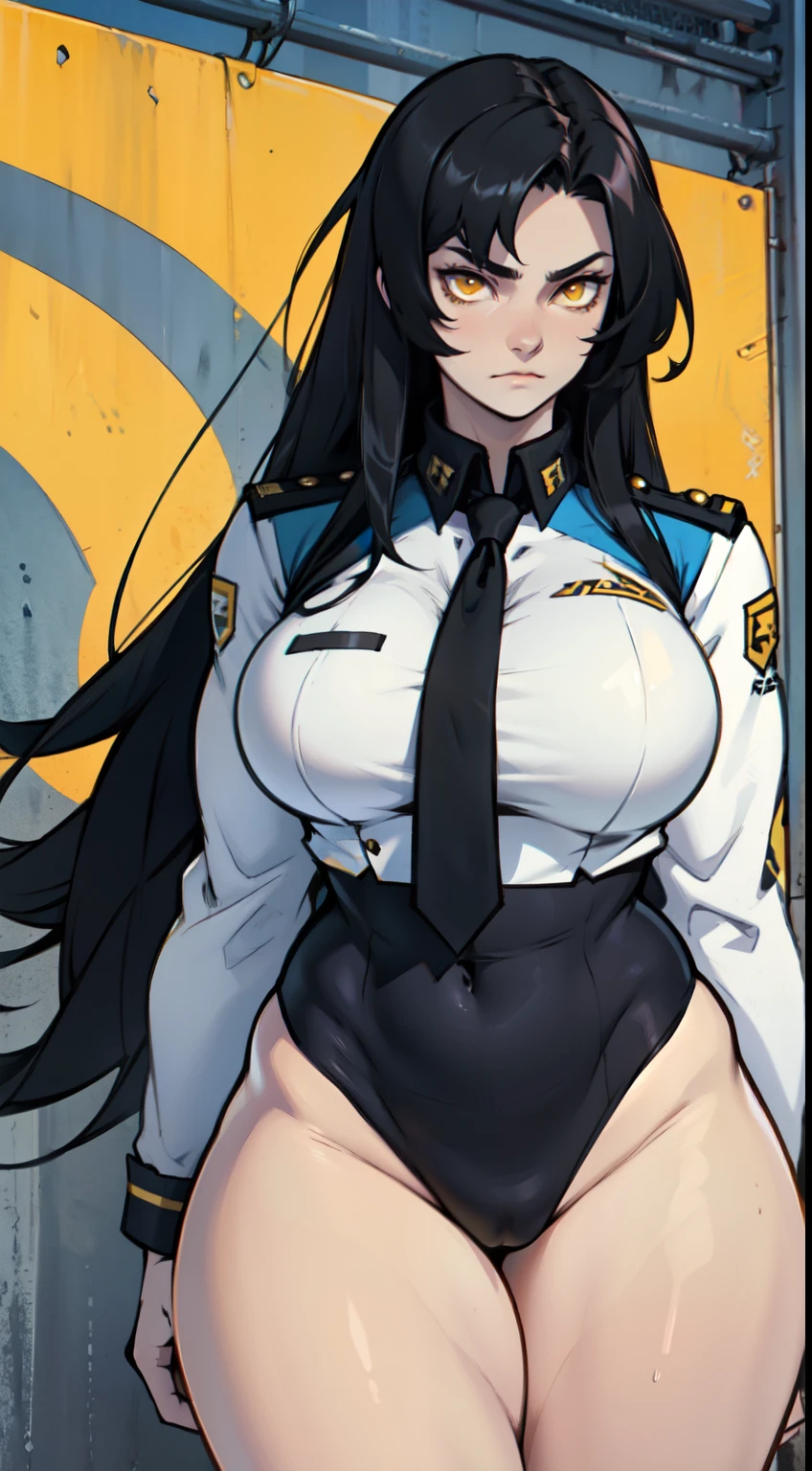 girl breasts huge muscles huge thighs solo girl black hair extremely long hair pale skin expressionless yellow eyes uniform