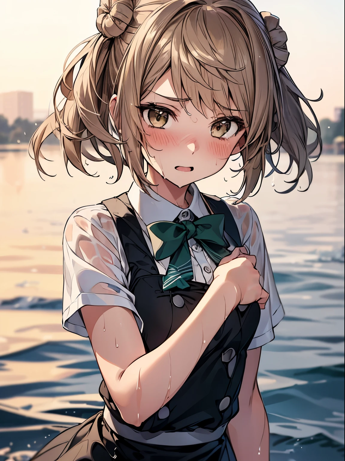 MichishioKC, 1 girl, Solo, Cute Girl,Best Quality, Ultra-detailed, 8K, High resolution, detailed face, upper body, standing on the water, embarrassed, black dress, white shirt, short sleeves, green bowtie, (((wet clothes, wet hair,)))