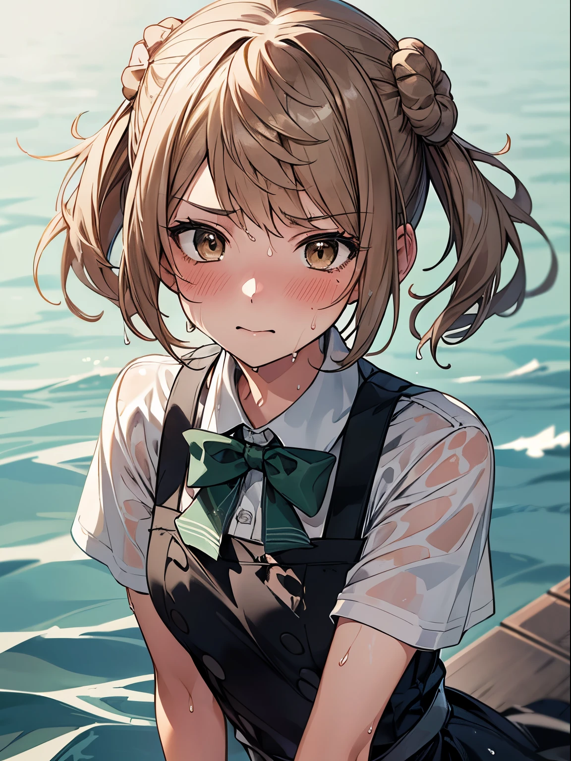 MichishioKC, 1 girl, Solo, Cute Girl,Best Quality, Ultra-detailed, 8K, High resolution, detailed face, upper body, standing on the water, embarrassed, black dress, white shirt, short sleeves, green bowtie, (((wet clothes, wet hair,)))