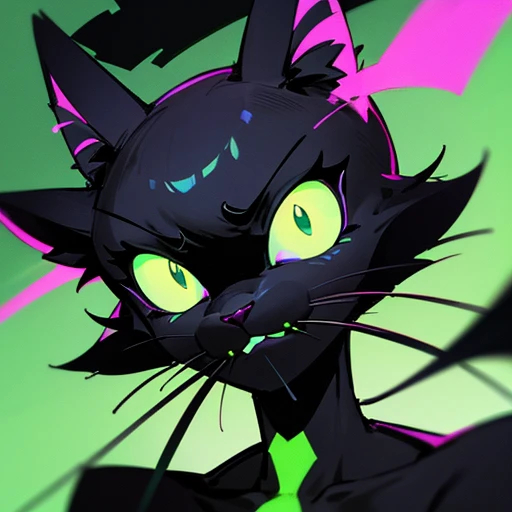 He has neon green eyes., tiene cuerpo de gato, es negro y posee 3 bigotes 1 en cada lado de la cara y uno en la cabeza, sus orejas son las de un gato,  y cola de gato