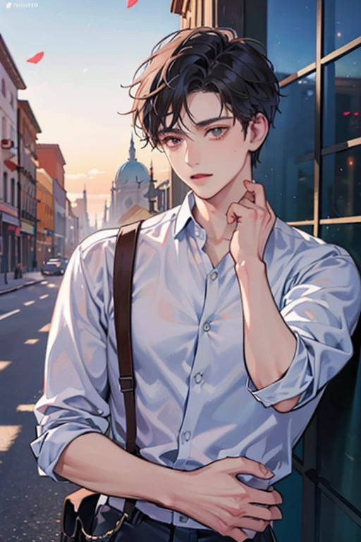 un primer plano de un hombre con una camisa roja y una ciudad al fondo, guapo impresionante realista, hermoso rostro detallado, retrato de alta calidad, hombre guapo, hombre atractivo, photorealistic pintura digital, realistic pintura digital, cara hermosa perfecta, ultra realistic pintura digital, Ultra detalle. pintura digital, Peter Parker, hermoso joven, dibujo digital realista, arte digital muy realista