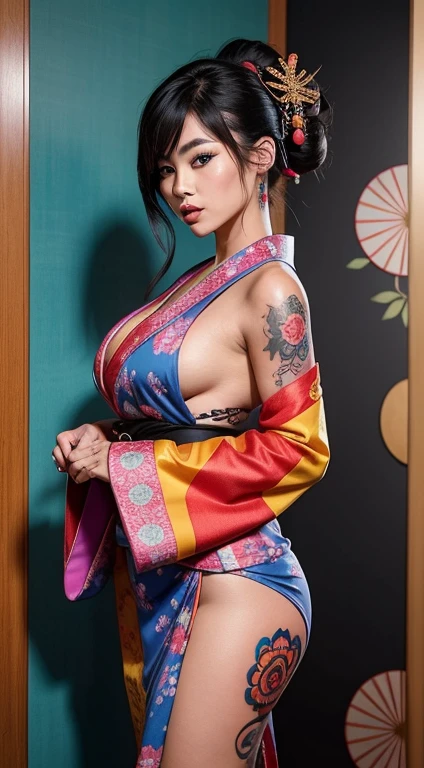 Asian WOMAN with a fully tattooed body with very colorful patterns((she is dressed in a traditional kimono ))((elle a une longue natte tressé))((entire body tattooed with intense color patterns))bare shoulders