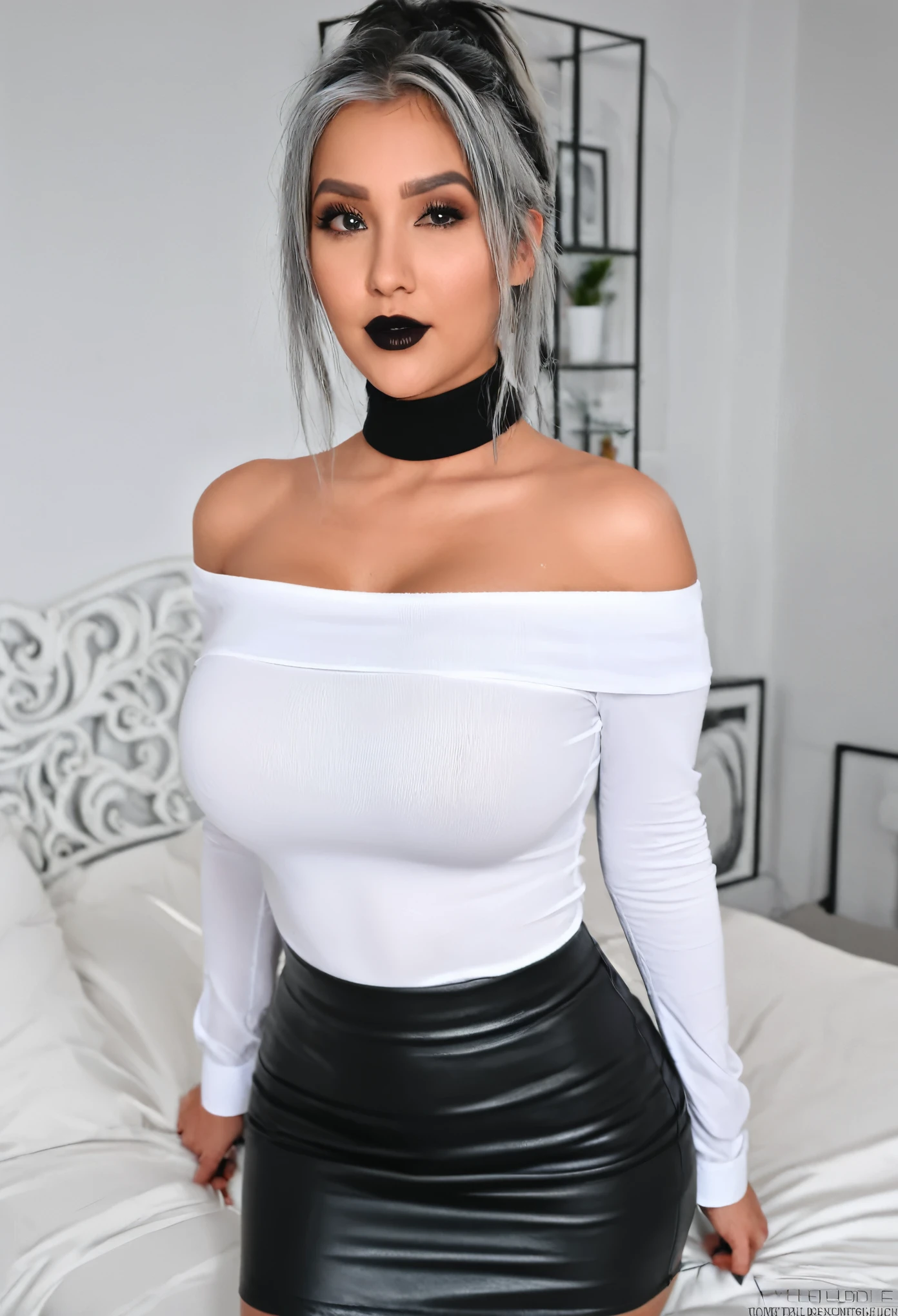 highest quality, Ultra-high resolution, (Realistic:1.4), One girl, off-the-shoulder white shirt, Black tight skirt, Black Choker, (Faded grey hair:1), (Huge breasts:1.2), View your viewers, close ,