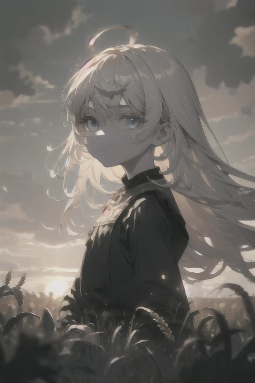 (masterpiece, cinematic composition, cinematic lighting, detailed background, bloom, shine, moody lighting), peasant girl working in the middle of a wheat field, white hair, ahoge, (absurdly long hair:1.2), pale skin, blue eyes, expressionless, looking at viewer, sun, clouds, bokeh, dust particles, tyndal effect
