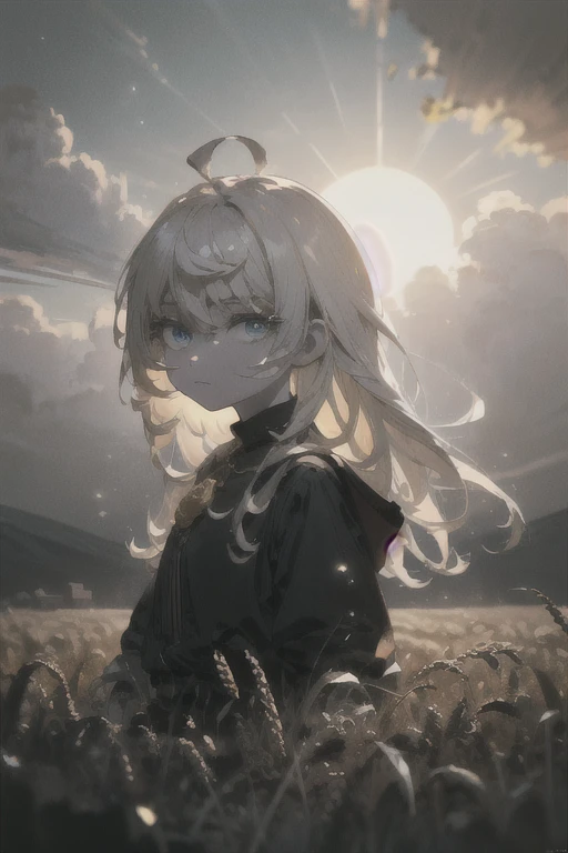 (masterpiece, cinematic composition, cinematic lighting, detailed background, bloom, shine, moody lighting), peasant girl working in the middle of a wheat field, white hair, ahoge, (absurdly long hair:1.2), pale skin, blue eyes, expressionless, looking at viewer, sun, clouds, bokeh, dust particles, tyndal effect
