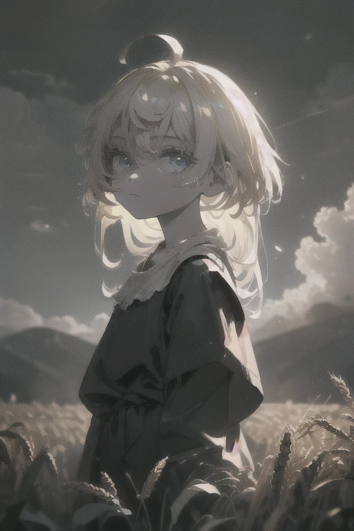 (masterpiece, cinematic composition, cinematic lighting, detailed background, bloom, shine, moody lighting), peasant girl working in the middle of a wheat field, white hair, ahoge, (absurdly long hair:1.2), pale skin, blue eyes, expressionless, looking at viewer, sun, clouds, bokeh, dust particles, tyndal effect
