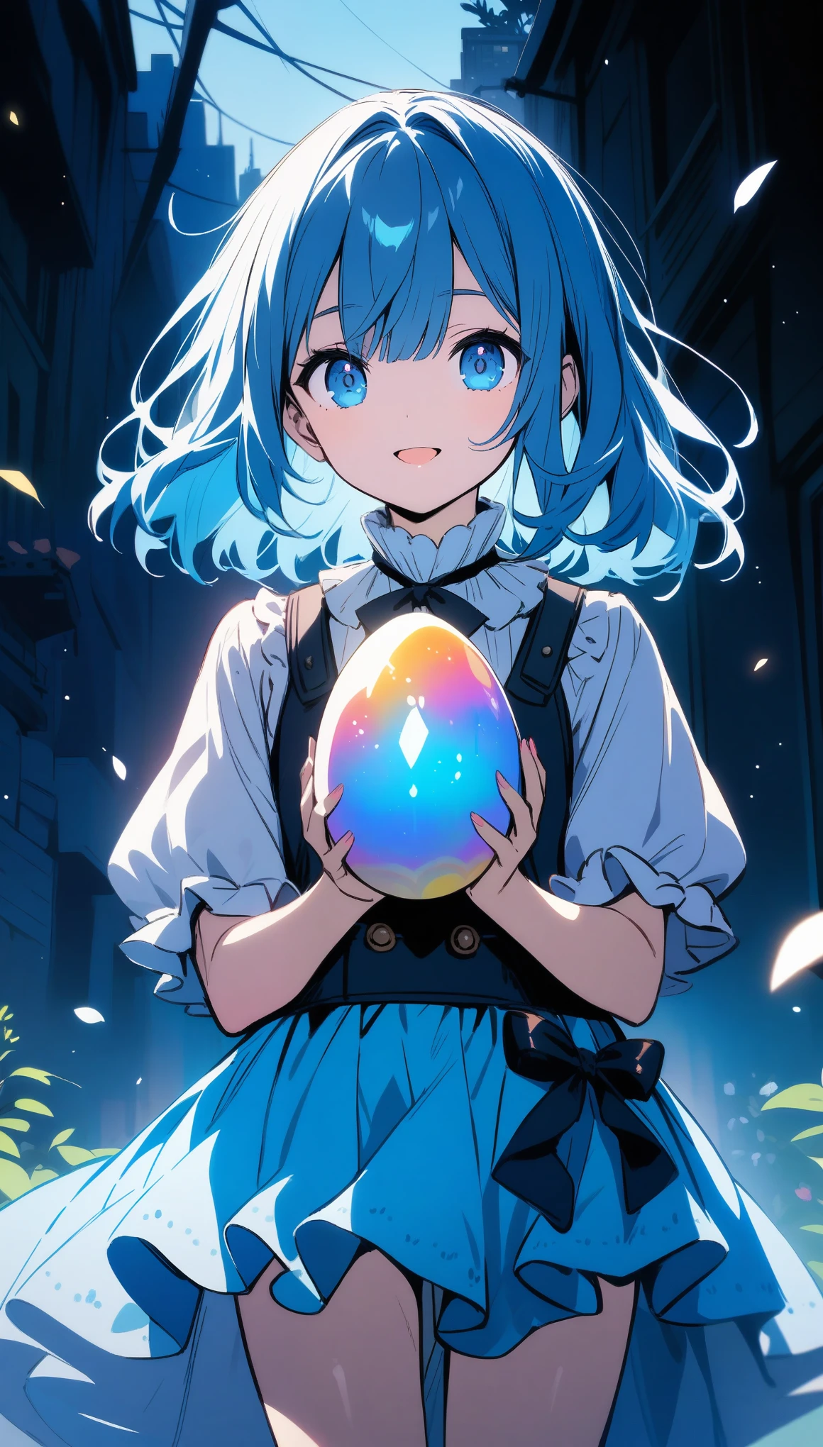 A girl holding an iridescent egg in her hand, Blue Hair, blue eyes, A beautiful and cute blue dress, from the front,