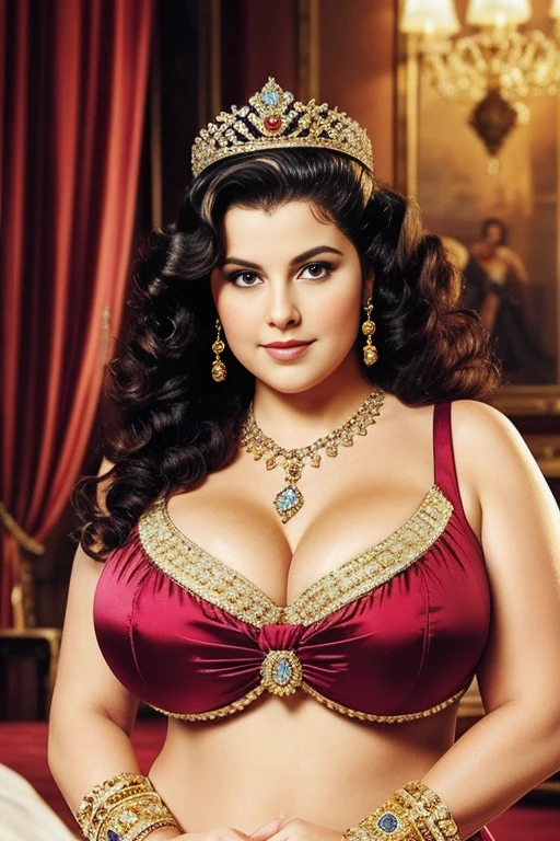 CHUBBY QUEEN, , BBW, photo vintage, visage feminin parfait, magentaHAIR , tache de rousseur, 1788, big huge breasts : 68H,FRONT VIEW, Rembrandt LIGHT , EXTREME LONG V-NECK, BIG CLEAVAGE, BEAUTIFUL EYES, BEAUTIFUL HANDS, LIGHT SMILES, PERFECT FACE, tres long décolleté, CASTLE BACKGROUND, QUEEN, NECKLACE, RING, JEWELERY RICH, SFW, FULL BODY, COLORFUL, ITALIAN, ROYAL BIKINI , ROYAL BEDROOM , harem, GOLD