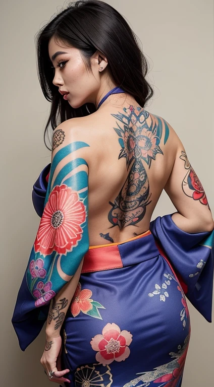 Asian WOMAN with a fully tattooed body with very colorful patterns((she is dressed in a traditional kimono ))((elle a une longue natte tressé))((entire body tattooed with intense color patterns))bare shoulders