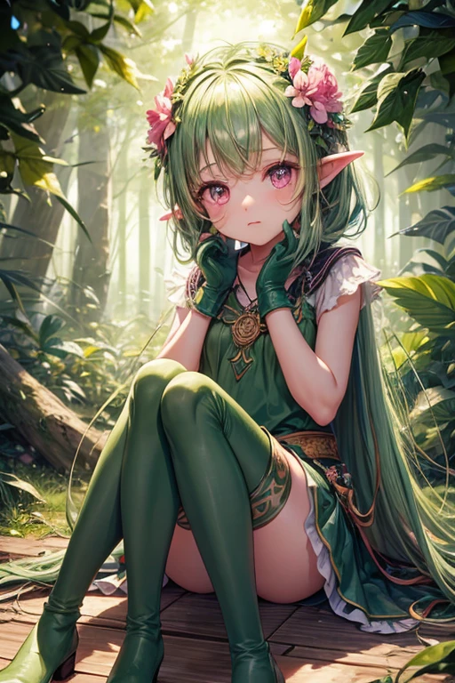 5 girl hair stinky green leaves made of leaves wooden gloves wooden boots green skin pink eyes pointed ears two flower buds on her head liana decorations forest background holding a flower