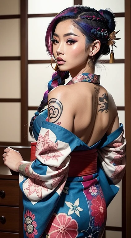 Asian WOMAN with a fully tattooed body with very colorful patterns((she is dressed in a traditional kimono ))((her hair is styled with a long braided braid))((entire body tattooed with intense color patterns))bare shoulders