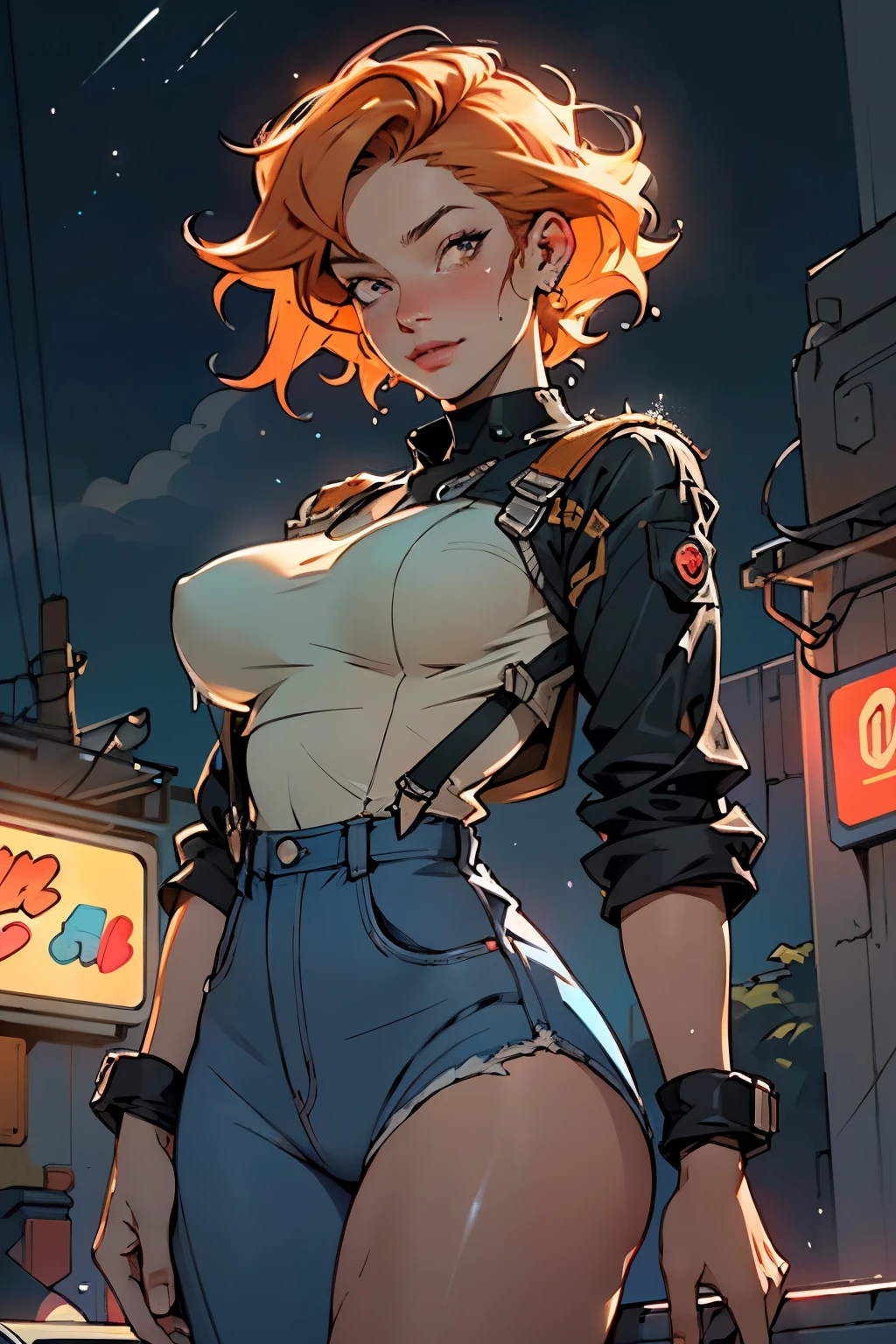 girl genie,(((1girl))),((girl with extremely cute and beautiful hair)),
(large breasts:2),(((orange hair:1.35,short hair))),(((eyes_orange:1.3))),intricate eyes,beautiful detailed eyes,symmetrical eyes,((fat)),((((lustrous skin:1.5,bright skin: 1.5,shiny skin,very shiny skin,shiny body,plastic glitter skin,exaggerated shiny skin,illuminated skin,wet legs))),(spider lower abdomen,narrow waist,wide hip,athletic body,inflated legs, thick thighs,detailed body,(detailed face)),
cute,slutty,seductive,erotic,(nsfw),
((woman mechanic wearing tattered worn-out stained military overalls)), ((his only clothing is overalls)), grunge, oily, sweaty, dirty, ripped)),show skin,((wet clothes)),
(dynamic pose:1.0),((happy)),(centered,scale to fit dimensions,Rule of thirds),
cyberpunk city by the ocean at night, with bright neon signs and dark stormy clouds and puddles, scenery:1.25,nighttime, starry night, cosmos,Very dark night that makes the neon lights stand out, very bright neon lights,nighttime, starry night, cosmos,
artistic photography,(photography taken by sldr),highres, sharp focus,(ultra detailed, extremely detailed), (photorealistic artwork:1.37),(extremely detailed CG unity 8k wallpaper),((synthwave background theme)),(((vibrant colors))),intricate,(intricate background),(masterpiece),(best quality),perfect rendered face,perfect face details,realistic face,photo realistic,analog style,((intricate detail)),(((realism))),