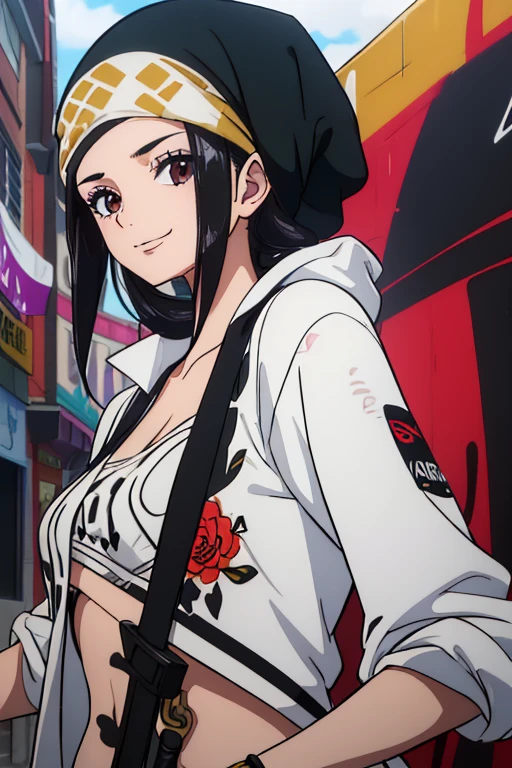 (best quality,4k,8k,highres,masterpiece:1.2), ultra-detailed, Animated, girl, mature face, long black hair, brown eyes, black hair, graffiti, girl graffer, durag, cool girl, flat, smile, covid mask, 2 swords on the back
