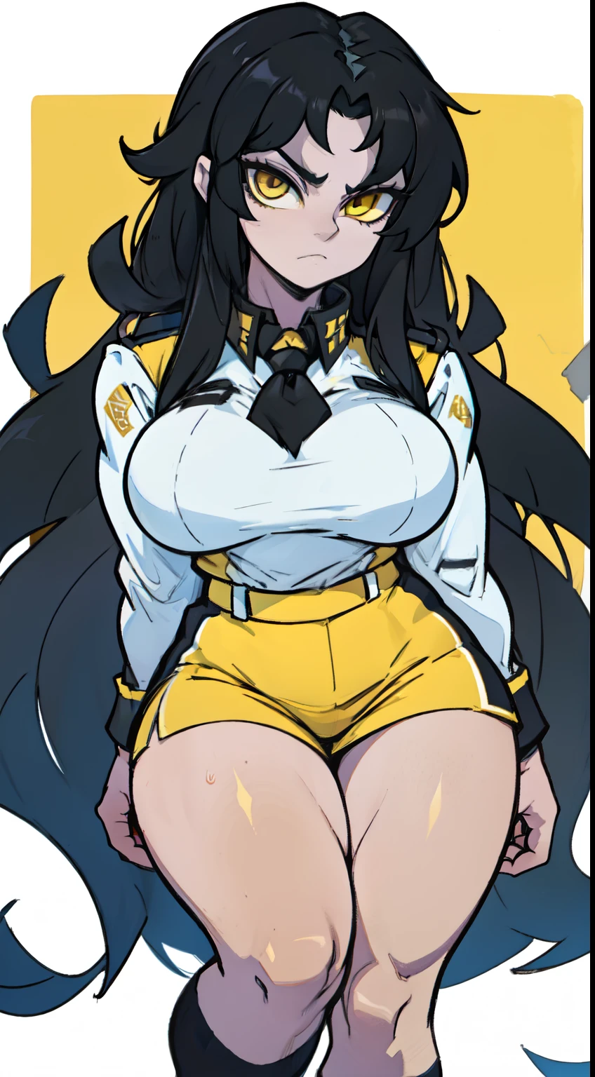 girl breasts huge muscles huge thighs solo girl black hair extremely long hair pale skin expressionless yellow eyes ((uniform))