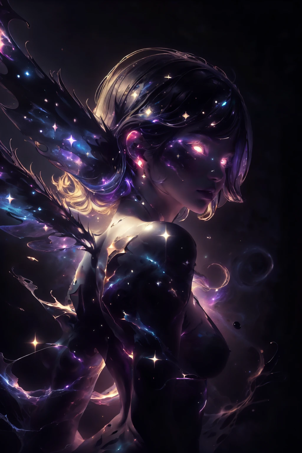 (((This is a dark image))). Generate a dark celestial woman with ((extremely perfect)) eyes and (((pure black galaxy skin))). Her ((onyx black)) but (soft) face should be highly detailed and realistically shaded with puffy lips. Her wings are delicate but stunning, with many small fantasy details. This is a (((masterpiece))). Utilize dynamic composition and expressions to create a cinematic experience. Include glittering and delicate jewelry. The background of the image should be pure back, leaving the woman as the focal point of the image. ((dark celestialskin body, void cosmic body)), ornate, (((dark background))), (((lights off))), (((hollywood dark)))
