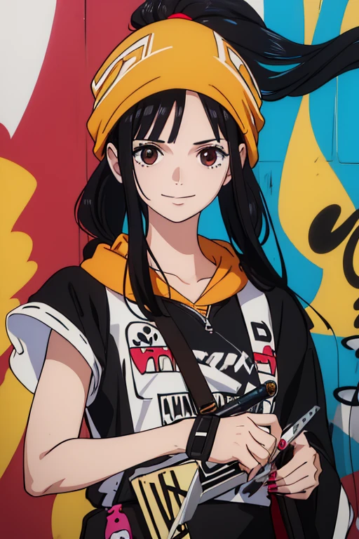 (best quality,4k,8k,highres,masterpiece:1.2), ultra-detailed, Animated, girl, mature face, long black hair, brown eyes, black hair, graffiti, girl graffer, durag, cool girl, flat, smile, c2 knives