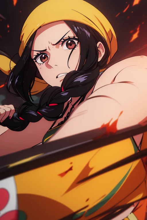 (best quality,4k,8k,highres,masterpiece:1.2),ultra-detailed,animated,girl,mature face,long black hair,brown eyes,hair in plaits,graffiti,girl,durag,cool girl,flat, fighting, angry, destroy, vivid color, smash and punch enemy, german clothes