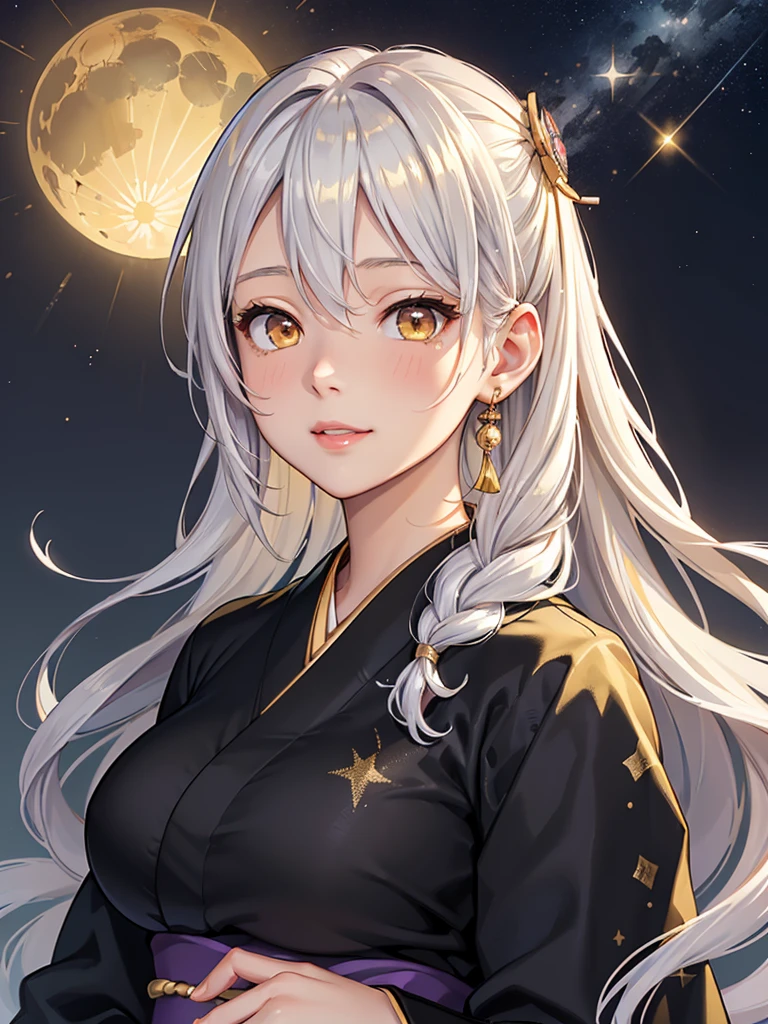 masterpiece、highest quality、High resolution、high quality images、8K, 1 female、skin luster、skin texture、Expression of fine eyes、Girl with long braided hair, realism, Detailed manga style, manga art style, perfect line drawing, beautiful line drawing, digital manga art girl, 
(beautiful golden eyes:1.5), Clear, beautiful eyes、plump lips, Detailed gorgeous face, (cute smile), charm, Front view, (perfectly detailed face), (fine hands) 、(Five fingers:1.3)、photorealistic images, Depth of written boundary, face forward , night sky , night view ，beautiful starry sky  , romanticism、(Taisho Era、japanese black and golden kimono:1.5)、(large breasts:1.35)、blush、(white Hair:1.3)、Gorgeous blue sparkling earrings、Gorgeous gold bracelet、Gorgeous gold anklets、(oblong face:1.5)、(Sparkling Glitter:1.2)、Bangs between the eyes、(portrait:1.6)
Graceful、Kyoto street、Moon Night,The beautiful old town of Kyoto、(Hands should be hidden behind the body:1.4)、Hairpin