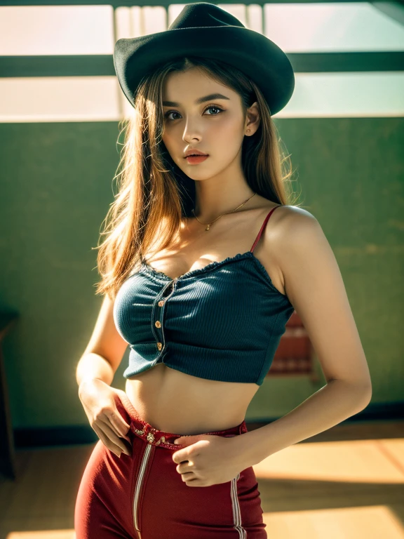 (RAW photo, 4k, masterpiece, high res,  extremely intricate) (photorealistic:1.4), cinematic lighting, waist up pose , upper knees pose ,
1 ultra hot girl, solo focus, summer noon, hot, 1990s \(style\),cowboy shot,indoors