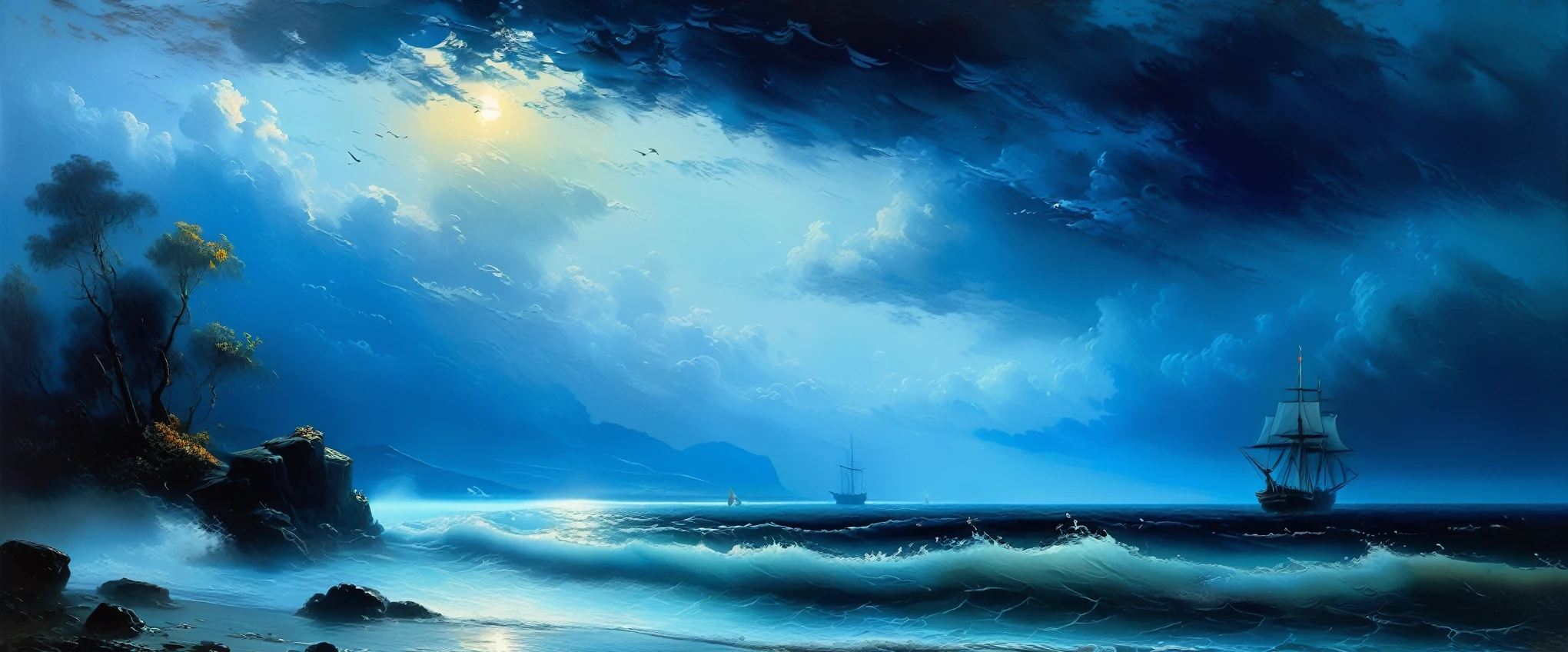 (((blue coast, Low tide))), high quality, masterpiece,((Ivan Aivazovsky style)), Dark, oceanism, Oil painting knife, ((最high quality, masterpiece)), (Attention to detail), Impressionism:1.1, 8k