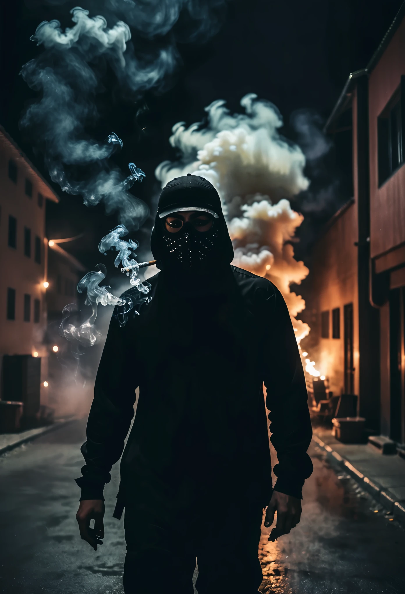 In the dark night with everything burning、A bad-looking man dressed in all black and wearing a ski mask walking while smoking a cigarette