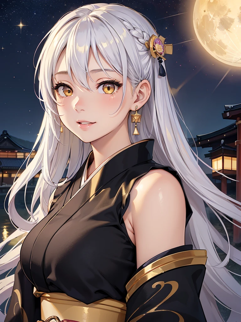 masterpiece、highest quality、High resolution、high quality images、8K, 1 female、skin luster、skin texture、Expression of fine eyes、Girl with long braided hair, realism, Detailed manga style, manga art style, perfect line drawing, beautiful line drawing, digital manga art girl,
(beautiful golden eyes:1.5), Clear, beautiful eyes、plump lips, Detailed gorgeous face, (cute smile), charm, Front view, (perfectly detailed face), (fine hands) 、(Five fingers:1.3)、photorealistic images, Depth of written boundary, face forward , night sky , night view ,beautiful starry sky , romanticism、(Taisho Era、japanese black and golden kimono:1.5)、(large breasts:1.35)、blush、(white Hair:1.3)、Gorgeous blue sparkling earrings、Gorgeous gold bracelet、Gorgeous gold anklets、(oblong face:1.5)、(Sparkling Glitter:1.2)、Bangs between the eyes、(portrait:1.6)
Graceful、Kyoto street、Moon Night,The beautiful old town of Kyoto、(Hands should be hidden behind the body:1.4)、Hairpin