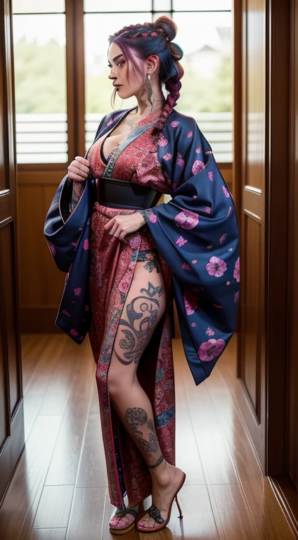 FEMME magnifique cindy pradot, with a fully tattooed body with very colorful patterns((she is dressed in a traditional kimono ))((her hair is styled with a long braided braid))((entire body tattooed with intense color patterns))bare shoulders