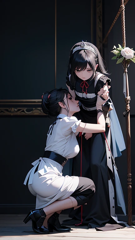 Masterpiece, dynamic shot, dynamic angle, ((2 females)), queen dominating her maid, standing queen and squatting maid, queen tying up her maid, maid tied up by queen, scared, bdsm, bound, bondage, tied up, bound together, shibary, dynamic shot, dark, low light, cold blue light, high contrast