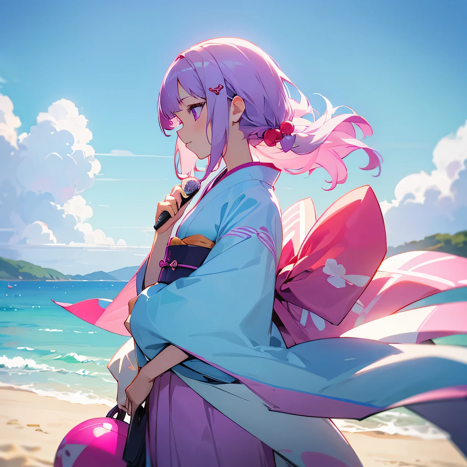 high quality、Mountain view、Bright white-purple wavy bob hair、Light blue and pink eyes、Profile of a girl wearing a Japanese kimono holding a beach ball、