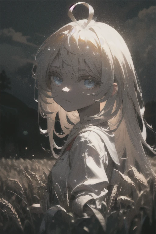 (masterpiece, cinematic composition, cinematic lighting, detailed background, bloom, shine, moody lighting), peasant girl working in the middle of a wheat field, white hair, ahoge, (absurdly long hair:1.2), pale skin, blue eyes, expressionless, looking at viewer, sun, clouds, bokeh, dust particles, tyndal effect
