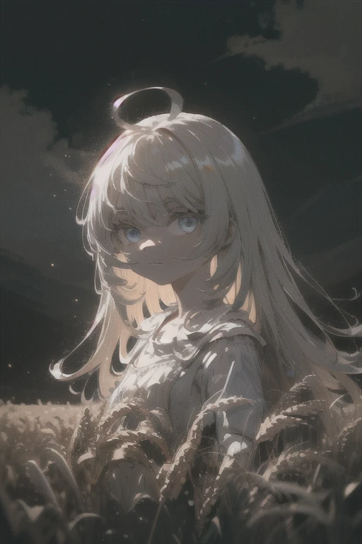 (masterpiece, cinematic composition, cinematic lighting, detailed background, bloom, shine, moody lighting), peasant girl working in the middle of a wheat field, white hair, ahoge, (absurdly long hair:1.2), pale skin, blue eyes, expressionless, looking at viewer, sun, clouds, bokeh, dust particles, tyndal effect
