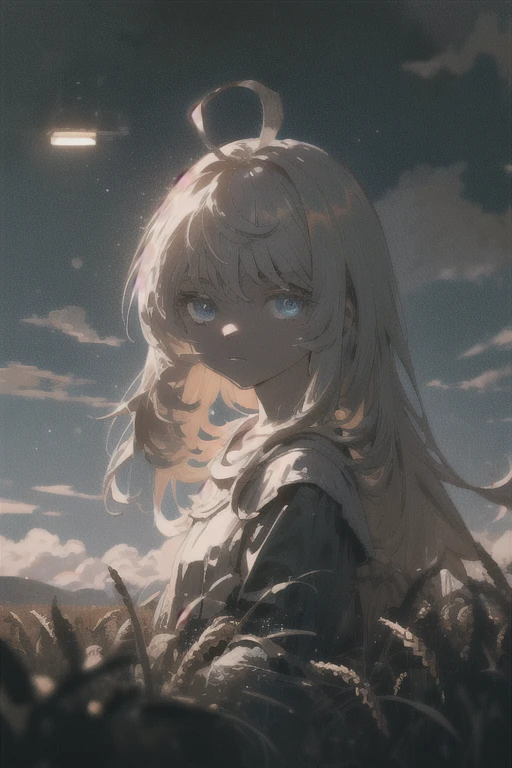 (masterpiece, cinematic composition, cinematic lighting, detailed background, bloom, shine, moody lighting), peasant girl working in the middle of a wheat field, white hair, ahoge, (absurdly long hair:1.2), pale skin, blue eyes, expressionless, looking at viewer, sun, clouds, bokeh, dust particles, tyndal effect
