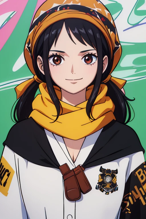 (best quality,4k,8k,highres,masterpiece:1.2), ultra-detailed, Animated, girl, mature face, long black hair, brown eyes, black hair, graffiti, girl graffer, headscarf, cool girl, flat, smile, bavarian outfit