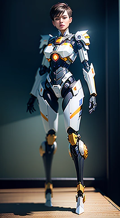 masterpiece, highest quality, Super detailed, Complex, Very detailed, High resolution, Realistically, 8k, 1 person,Full Body Shot，humanoid, Long Legs Mechanical Legs，Dynamic Pose, Extremely delicate mech, Short Hair，Full body, High tech background，Science fiction，（Marek Okon：1.3），Mooncryptowow&#39;s Midway Style，