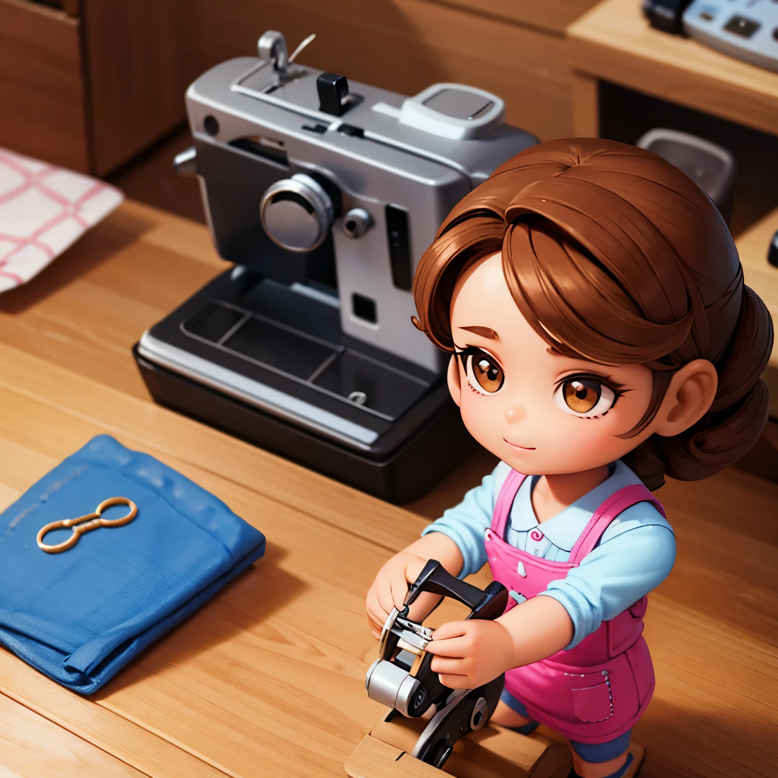 Polly pocket 3D miniature doll, Brown eyes, brown curly hair, seamstress profession, ropa casual, in the background a sewing machine and sewing accessories