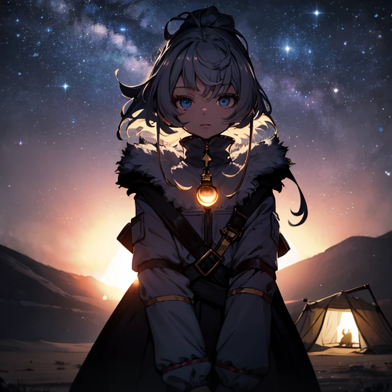 It depicts a scene in the desert on a moonlit night with a hazy haze, and a princess gazing at the landscape from her camp. Her outfit is delicate and beautifully designed, and she is clad in enough to keep out the chill of the desert night. A star-filled sky. The dim camp lights. (Best quality), (masterpiece:1.3), ultra-detailed, sharp shadows, great detail, depth of field, super detailed background,