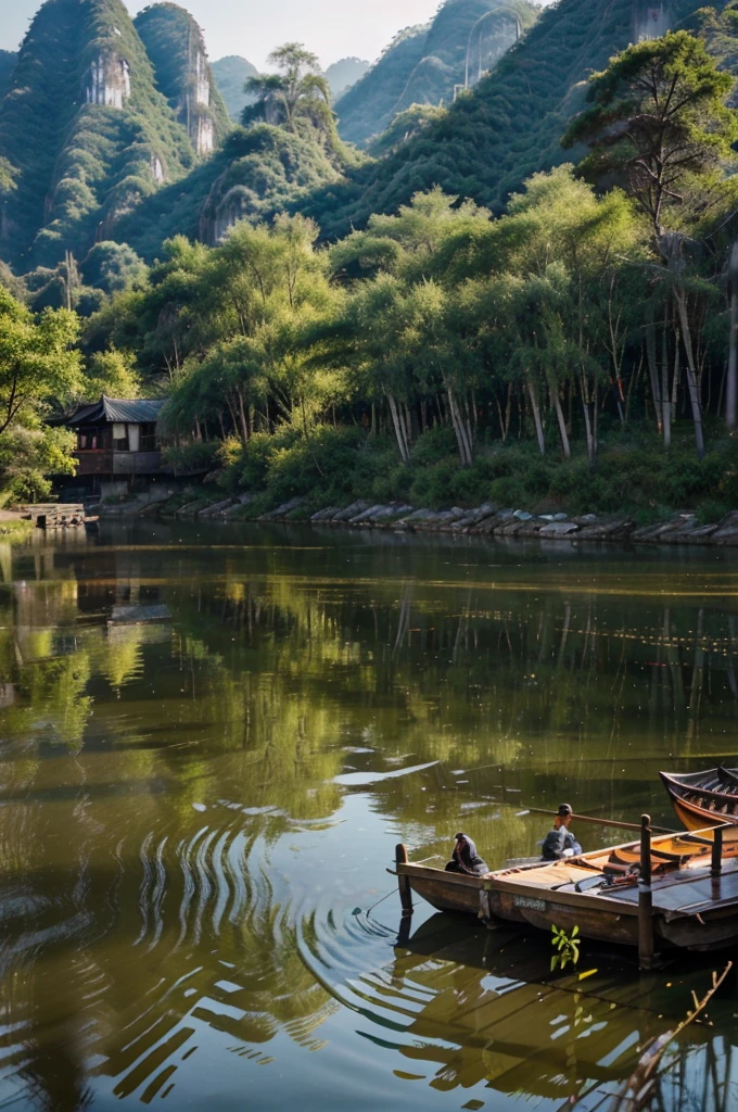 best quality,4k,8k,highres,masterpiece:1.2,ultra-detailed,realistic,photorealistic:1.37,Li River near Yangshuo, China, afternoon, orange sunlight,beautiful detailed reflections,colorful boats,green karst mountains,serene atmosphere,tranquil river,warm breeze,farmland,coconut palm trees,floating fishermen,fine brushwork,contrast light and shadow,vivid colors,brush strokes,subtle texture,impressionistic style,harmonious composition,historical village,traditional architecture,peaceful rural scenery,serene water surface,sparkling sunlight on the water,gentle ripples,swaying willow trees,traditional bamboo rafts,harmony between land and water,authentic Chinese landscape,picturesque view,ethereal beauty,serenity in nature,poetic charm,soft and warm hues