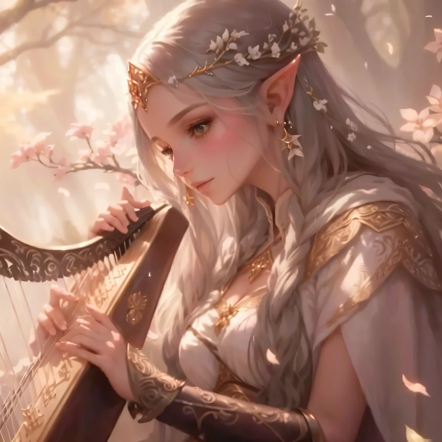um close de uma mulher tocando harpa em um campo, Harp playing in the magical forest, forest elf bard playing lute, elvish princess, de um elfo do anel Elden, beautiful elvish princess, estilo de arte de fantasia, guweiz no pixiv artstation, Guweiz na ArtStation Pixiv, linda e elegante rainha elfa, princesa elfa, elvish