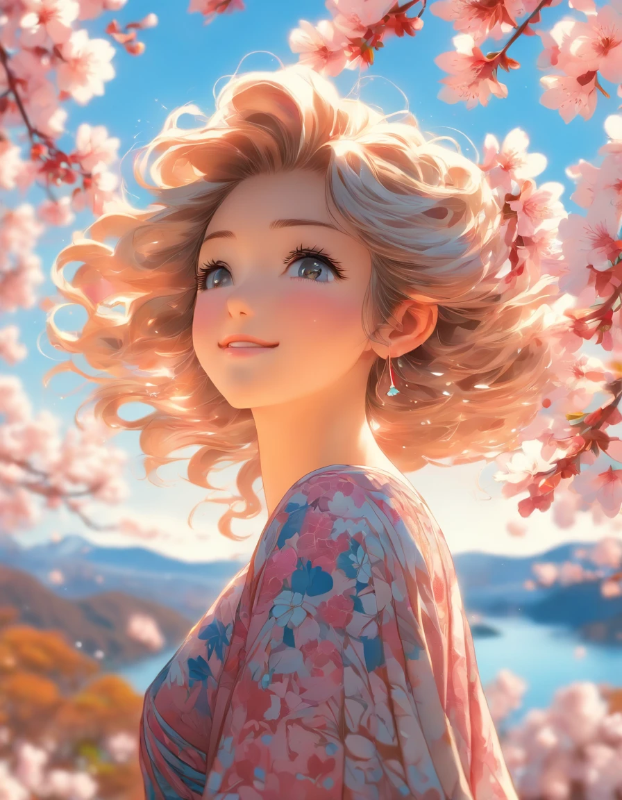 anime style, very fine illustration, high detail, dynamic foreshortening, excellent detail, 8k, The girl is impressed by the cherry blossom in Fuji-Hakone-Izu National Park and the blue sky on the shore of a lake with a mountain. Sakura petals dance in the wind, the surface of the lake is calm, and the girl's expression is sincerely touched by the beauty of nature.masterpiece, top quality, Best quality, official art, beautiful and aesthetically pleasing:1.2), (1 girl, mature:1.3, got old:1.3), Extremely detailed,(fractal art:1.1),(colorful:1.4)(flowers:1.3),The most detailed,(zentangle:1.2), (dynamic pose), (abstract background:1.3), (shiny skin), (many colors:1.4),(earrings:1.4), Long hair