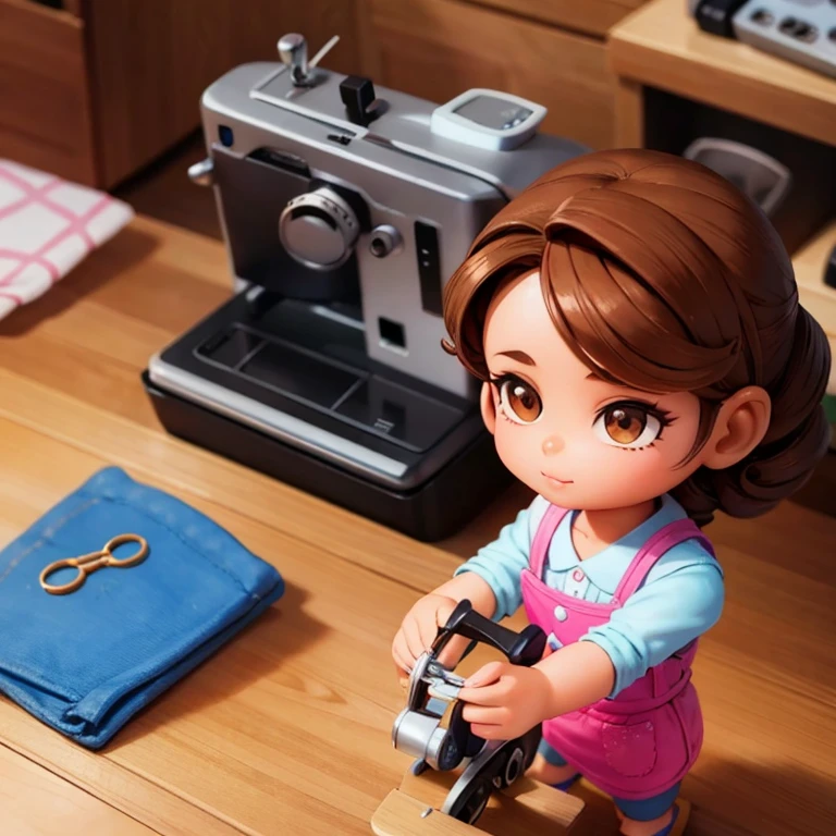 Polly pocket 3D miniature doll, Brown eyes, brown curly hair, accessory designer profession, ropa casual, in the background a vintage style room with a pink cooking machine, y accesorios de costura y manualidades
