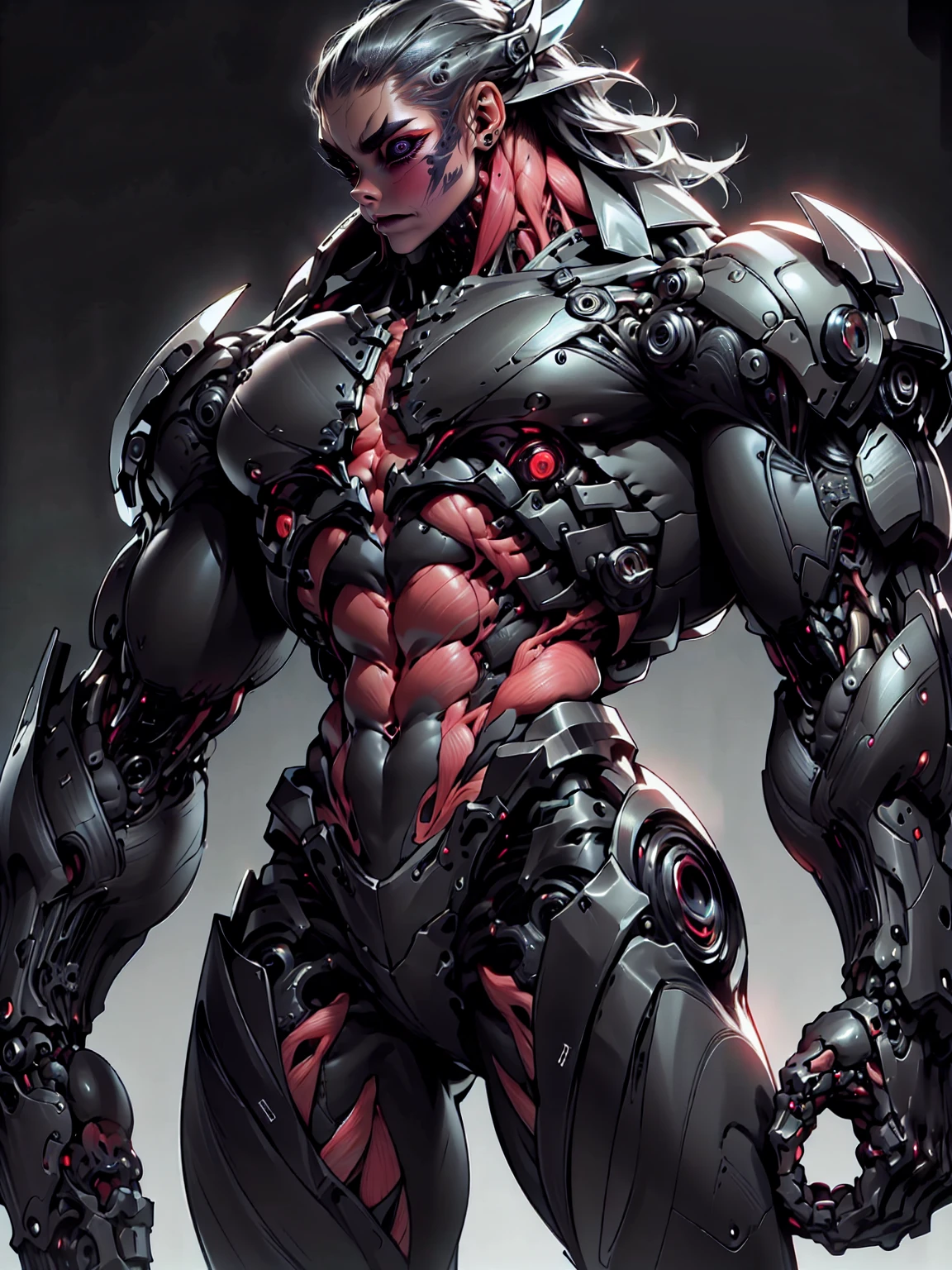 (1 girl), (cara delevingne), (muscular android girl wearing a black anatomic cybernetic muscle suit:1.25), (wide shoulders:1.25), (muscular defined physique:1.25), perfect hands, long hair, large breasts, high resolution image, extreme detail, blank background