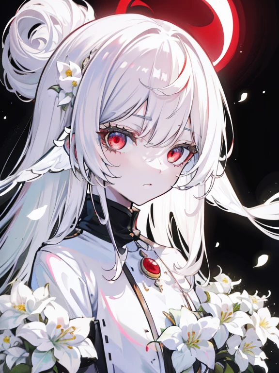 pale skin, White hair, black sweatshirt, white flowers, Flowers in the head, double tails, , One,{{Best quality}}, {{masterpiece}}, {{ultra detailed}}, {illustration}, {detailed light}, Red eyes,long hair，