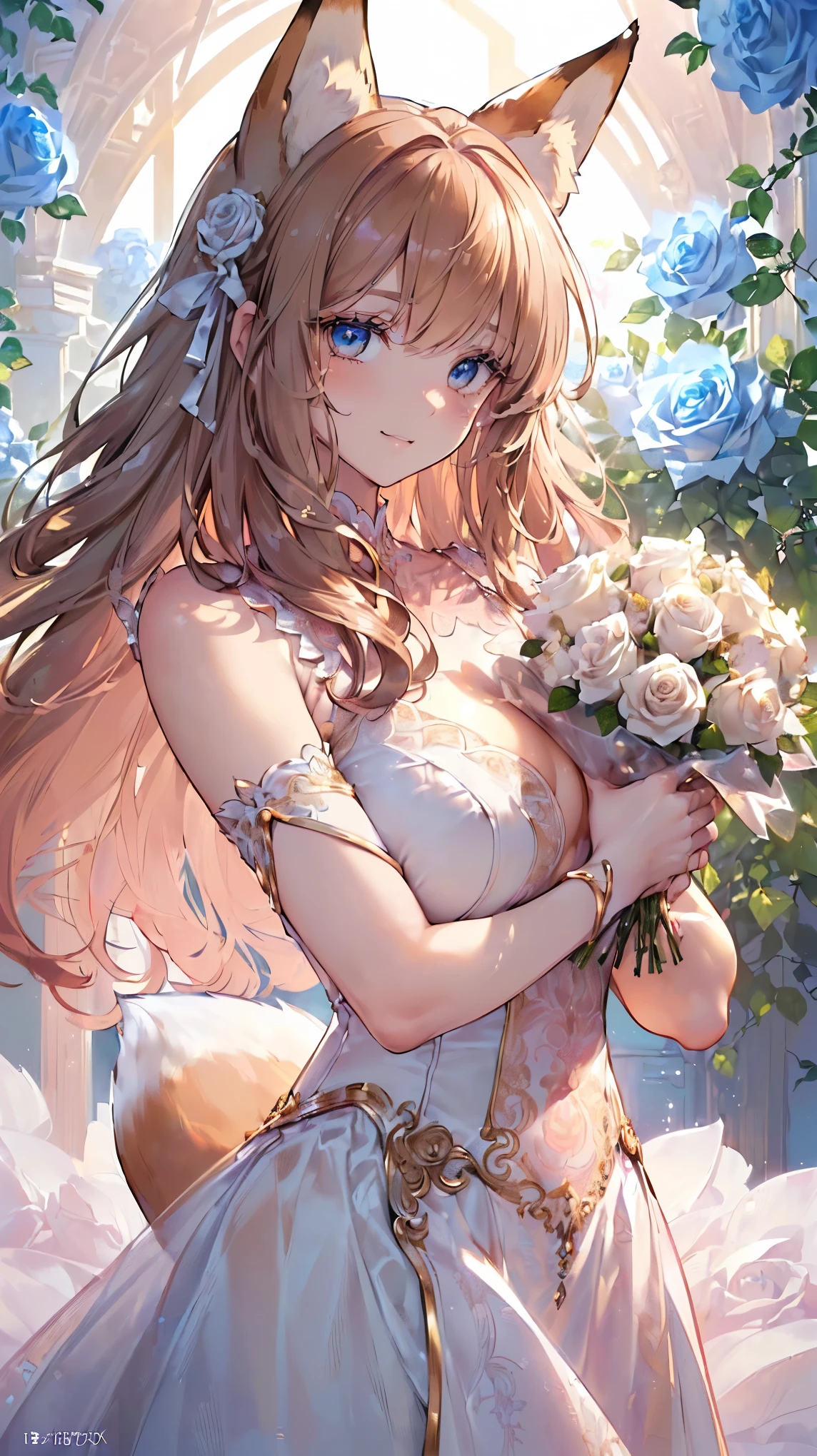 (((Masterpiece))), (((Highest quality))), ((Ultra-detailed)), ((Super fine illustration)), ((Ultra-fine painting)), (16K highest quality wallpaper:1.4), (Upper body:1.4), (Highly detailed and delicate illustration style:1.8), Detailed skin texture, Detailed cloth texture, Detailed rose flower texture, Extreme detailed description, (T-masterpiece), (Highly detailed face:1.4), (Highly detailed fox ears:1.2), (Highly detailed golden brown hair:1.2), (Highly detailed, beautiful and clear eyes:1.2), Original, RAW photo, Professional, Intricate details, Super details, Direct light:1.6, (Perfect anatomy:1.4), (Highly detailed hands:1.2), (Highly detailed fingers:1.2), (Highly detailed fingertips:1.2), (27-years-old), Real, (Solo:1.6), ((A very beautiful and attractive fox female fashion model:1.4))
BRAKE
(Beautiful and adorable fox ears:1.6), (Highly detailed and delicate fox ears:1.4), (Beautiful and well-shaped big breasts:1.2), (Beautiful and well-shaped buttocks), (Beautiful and shiny golden brown hair:1.6), (Highly detailed and delicate golden brown hair:1.4), (Beautiful clear blue eyes that shine with great detail:1.6), (Highly detailed and delicate blue eyes:1.2), (Highly detailed face:1.4), (Smile:1.4), (Looking at viewer:1.4), (Standing:1.4), (Celebration:1.4)
BRAKE
((A beautiful and gorgeous princess dress that is detailed and delicate to be worn at celebratory occasions:1.4))
BRAKE
((Holding in both hands a large bouquet of highly detailed and delicate ((white and pink roses)):1.3))
BRAKE
(Just after noon:1.4), (Celebration:1.4), ((Highly detailed and delicate white rose flower and pink rose flower garden background:1.4)), (Highly detailed and delicate royal palace courtyard background in just after noon in spring:1.4) BRAKE