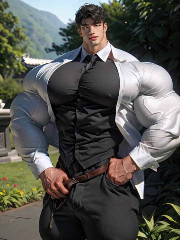 1boy asian male, (korean man with k-pop idol look), black hair, giant, model shoot style, looking at viewer, standing, strong body, standing, in the countryside garden, exotic skin, tailored suit and pants, prominent muscle bulge, brutalmass, detailed face, heavy muscular, stubble, photo real, sexy, big, brutalmass, giant, muscular body, bulk, massive body, large size, smile, illuminating light, sunrise, outdoor. (best quality:1.5, hyperrealistic:1.5, photorealistic:1.4, madly detailed CG unity 8k wallpaper:1.5, masterpiece:1.3, enthusiastically detailed photo:1.2), (hyper-realistic lifelike texture:1.4), highly detailed, ((masterpiece, best quality))