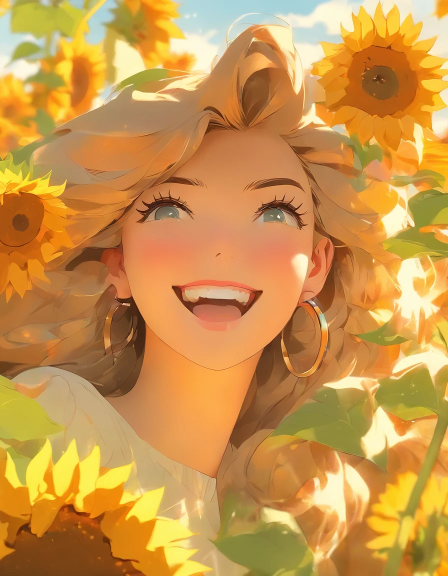 anime style, very fine illustration, high detail, dynamic angle, great detail, 8k, summer day, field of sunflowers, sunny day. BREAK The woman stands motionless, fascinated by the beautiful scene, watching the sunflowers bloom. The expression on her face says that she is sincerely delighted with the summer and the beauty of the blooming sunflowers.masterpiece, top quality, Best quality, official art, beautiful and aesthetically pleasing:1.2), (1 girl, mature:1.3, got old:1.3), Extremely detailed,(fractal art:1.1),(colorful:1.4)(flowers:1.3),The most detailed,(zentangle:1.2), (dynamic pose), (abstract background:1.3), (shiny skin), (many colors:1.4),(earrings:1.4), Long hair