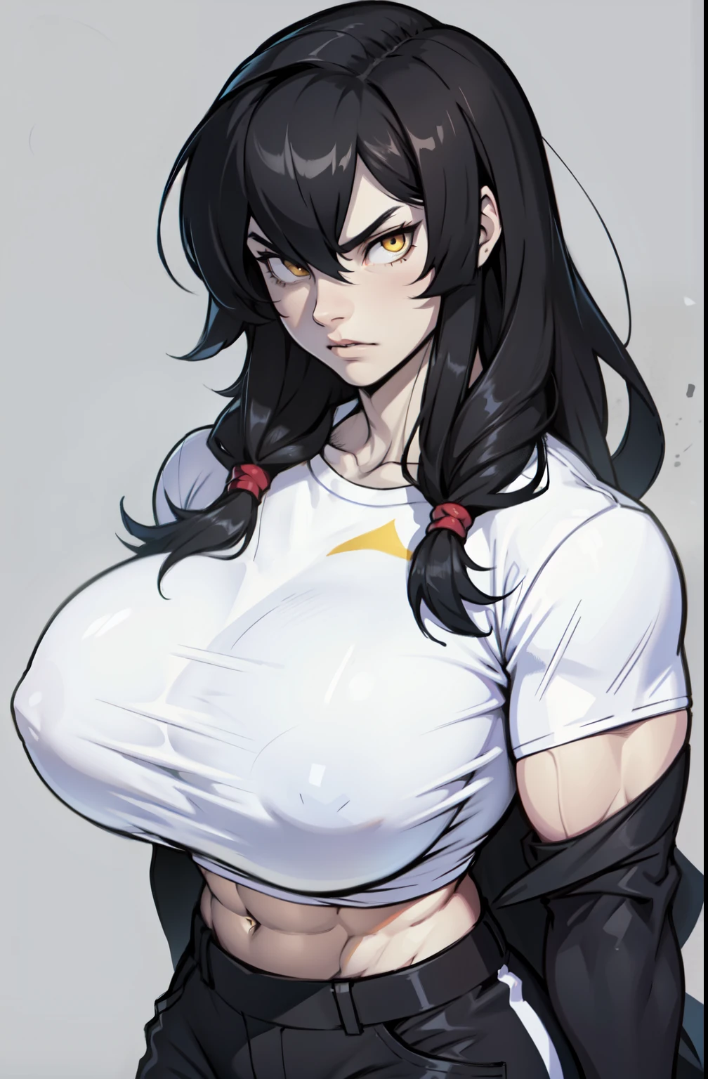 ((1 girl)), extremely long hair, solo, ((muscular)), veins, black hair, yellow eyes, pale skin, strong, veins, abs, (huge ), sulking tight shirt