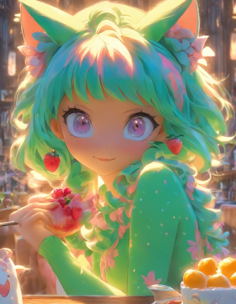 anime style, very fine illustration, high detail, dynamic angle, great detail, 8k, In a cafe where the morning sunlight pours through the window, there is a plate with a cake covered with fruit on the table. The woman eats them with a happy expression on her face. Very good illustration, high detail, dynamic angle, beautiful details, 2D, (best quality, masterpiece, beauty, tenderness), Anime, very detailed face, very detailed eyes, very detailed background, perfect lighting, whole body, 1 girl, One, (Very detailed cat ears), (very detailed ears behind the hair), pink dress, green eyes, finely drawn eyes, ears covered with hair, very detailed hands, very detailed hands. masterpiece, top quality, Best quality, official art, beautiful and aesthetically pleasing:1.2), (1 girl, mature:1.3, got old:1.3), Extremely detailed,(fractal art:1.1),(colorful:1.4)(flowers:1.3),The most detailed,(zentangle:1.2), (dynamic pose), (abstract background:1.3), (shiny skin), (many colors:1.4),(earrings:1.4), Long hair