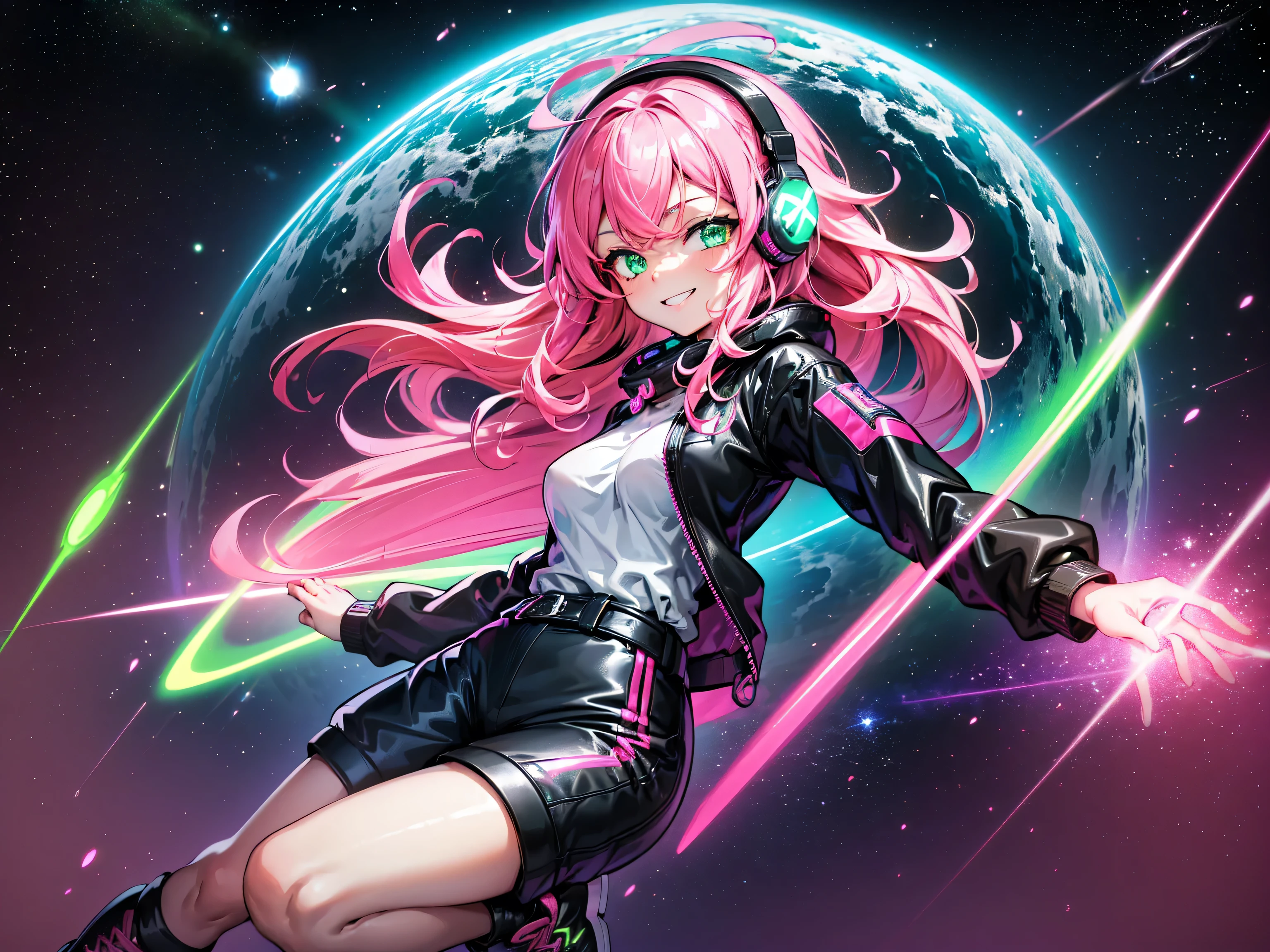 masterpiece:1.4, 1girl ((20year old, dressed in long sleeve shirt, tight black shorts, sneakers, medium breasts, multicolor pink hair, curly long hair, green eyes:1.4, Wearing headphones, happy, smiling, close up, floating in outer space:1.1 galaxy and earth in background:1.1, neon and energetic atmosphere:1.2)) ((nighttime)) ((solo:1.6))