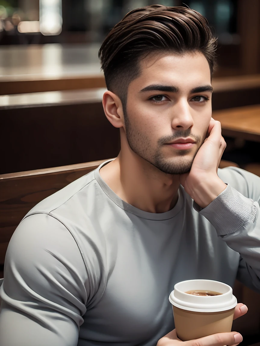 A rather handsome Latino, detailed face, sitting in a cafe with a cup in his hand Best quality, high quality, skin print, pores de la peau, textured skin, analogique, Grain du film, Detailed eyes, bouche parfaite, 8k, UHD, 8k UHD, Closed mouth, casual clothing, barbe, pale skin, 